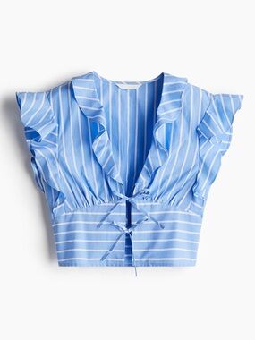 Striped Ruffle Tie-Front Crop Top - Blue Stripe Cotton
